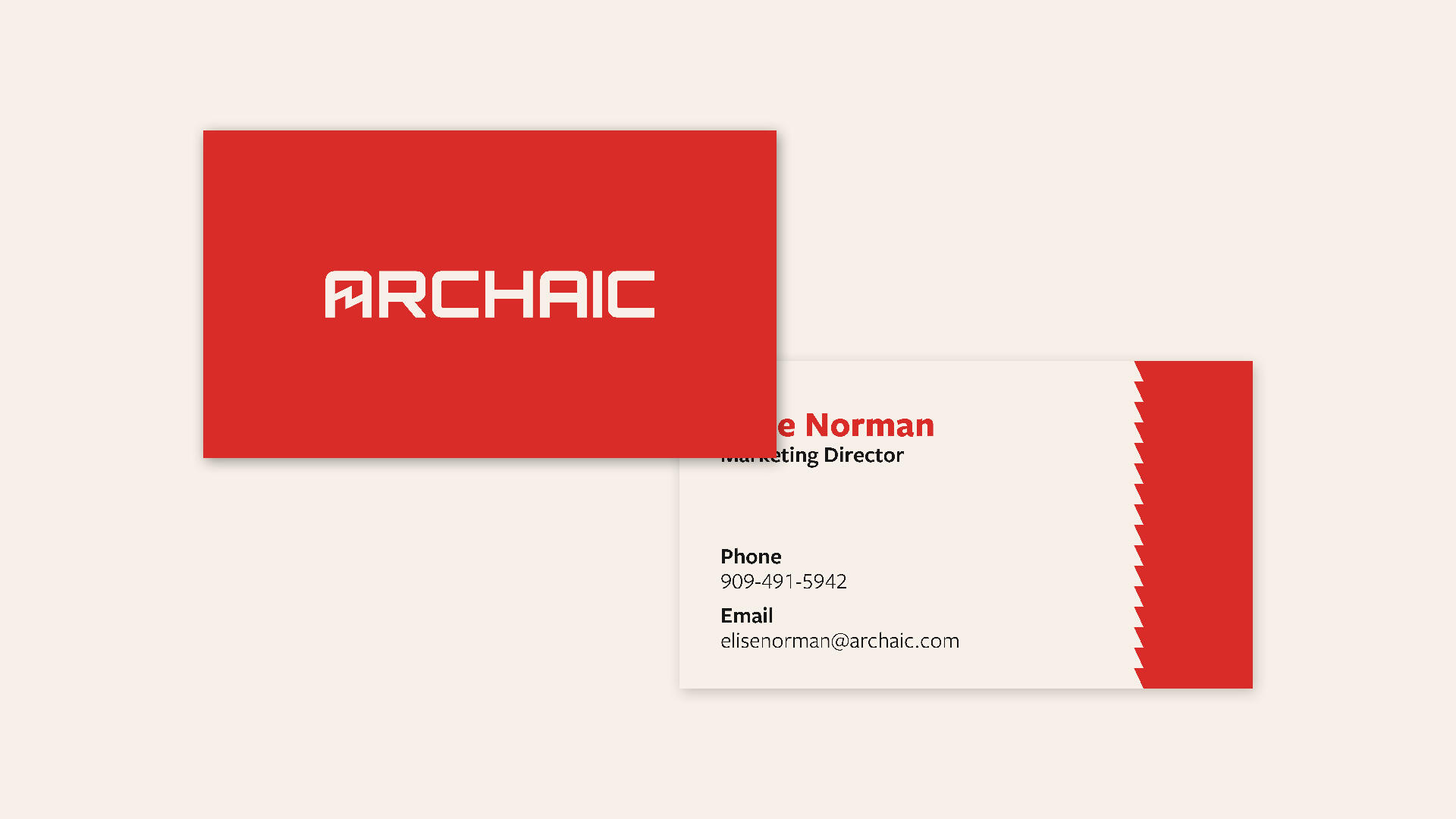 Business Cards Both sides of a business card, front slightly overlaying the back. On the front, a red background with "ARCHAIC" logo in cream color. On the back, the cream color background with "Elise Norman", "Marketing Director", a phone number and email address, and o