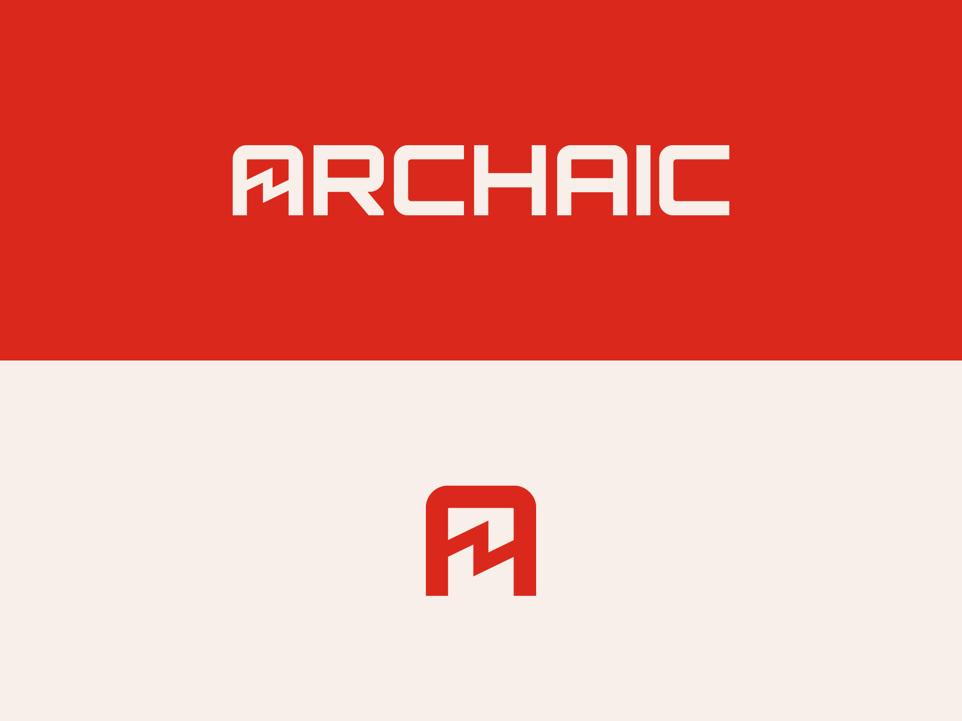 Logos Two logos; on top "ARCHAIC" in a geometric typeface with the crossbar of the first A replaced with a saw wave, on bottom just the A from above.